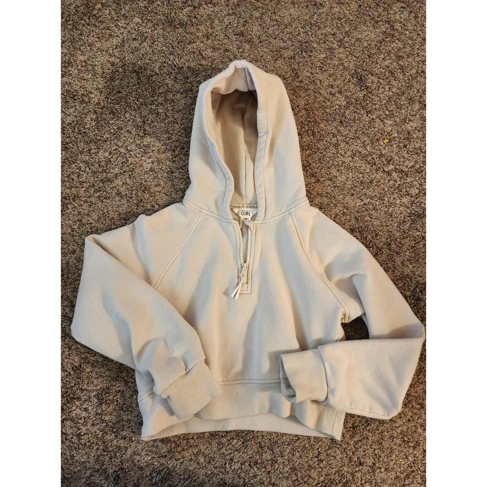 Athleta Girl Cream Off White Cozy Fleece 1/4 Zip Cropped Hoodie Youth Large 12